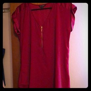 Red V-Neck Top with Zipper Accent